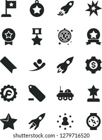 Solid Black Vector Icon Set - bookmark vector, remove label, star gear, rocket, space, lunar rover, bang, reward, medal, flag, hero, ribbon, dollar, stars around man, flying, disco ball, compass