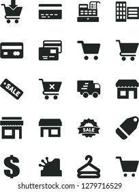 Solid Black Vector Icon Set - bank card vector, dollar, city block, cart, put in, crossed, cards, hanger, label, kiosk, stall, shopping, reverse side of a, Express delivery, cash machine, cashbox