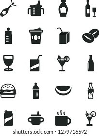 Solid Black Vector Icon Set - mug for feeding vector, measuring cup, bottle, e, packing of juice with a straw, burger, coffee beans, tea, coffe to go, cocktail, glass, soda can, piece coconut, wine