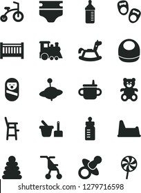 Solid Black Vector Icon Set - baby cot vector, dummy, mug for feeding, bottle, measuring, diaper, bib, sitting stroller, stacking rings, roly poly doll, toy sand set, potty chair, a child, yule