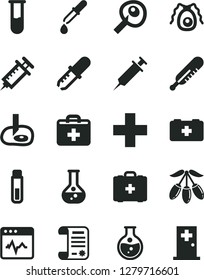 Solid Black Vector Icon Set - first aid kit vector, plus, mercury thermometer, bag of a paramedic, medical, cardiogram, goji berry, round flask, research article, test tube, bactery, pipette, room