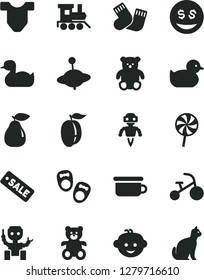 Solid Black Vector Icon Set - Child T shirt vector, rubber duck, baby duckling, warm socks, children's potty, teddy bear, small, hairdo, toy train, yule, tricycle, shoes for little children, pear