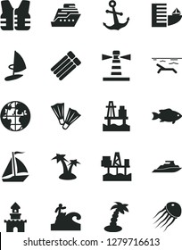 Solid Black Vector Icon Set - anchor vector, fish, sea port, commercial seaport, lighthouse, planet, sand castle, sail boat, hotel, beach, palm tree, flippers, surfing, life vest, cruiser, yacht