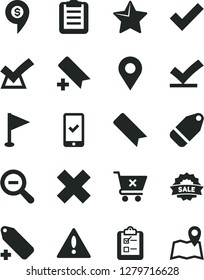Solid Black Vector Icon Set - warning vector, add bookmark, zoom out, check mark, cross, label, pennant, star, crossed cart, survey, location, sale, clipboard, vote, confirm, dollar pin, map