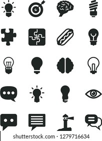 Solid Black Vector Icon Set - image of thought vector, matte light bulb, incandescent lamp, Puzzle, Puzzles, saving, eye, Hot Dog, coastal lighthouse, think, speech, brain, target, dialog