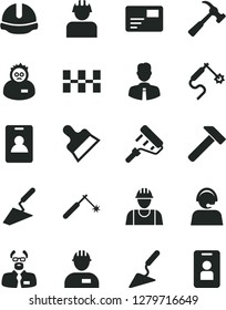 Solid Black Vector Icon Set - builder vector, workman, trowel, building, paint roller, ceramic tiles, construction helmet, putty knife, hammer, with claw, employee, pass card, welding, gas, operator