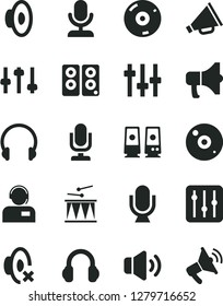 Solid Black Vector Icon Set - desktop microphone vector, horn, loudspeaker, silent mode, drumroll, headphones, regulator, volume, operator, megaphone, cd, pc speaker, settings