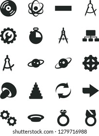 Solid Black Vector Icon Set - right direction vector, renewal, minus, stacking toy, gear, timer, CD, porcini, plate, scribed compasses, Measuring, scheme, atom, gears, drawing compass, saturn, gold