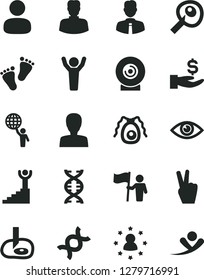 Solid Black Vector Icon Set - woman vector, footprints, employee, eye, lens, man, get a wage, dna, bactery, artifical insimination, winner stairway, hold world, hands up, flag, victory hand, flying