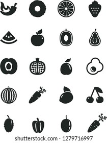 Solid Black Vector Icon Set - chili vector, carrot, fried egg, strawberry, cherry, half apricot, pomegranate, mulberry, water melon, delicious plum, passion fruit, yellow lemon, of orange, guava