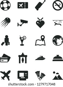Solid Black Vector Icon Set - earth vector, security gate, passenger, plane ticket, rolling case, atm, credit card, beach, cocktail, flippers, map, surveillance, no smoking sign, lifebuoy, yacht