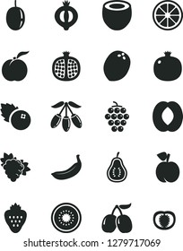 Solid Black Vector Icon Set - blueberries vector, strawberry, peach, ripe, pomegranate, half, branch of grape, large, medlar, tasty cornels, goji berry, passion fruit, juicy lemon, banana, kiwi