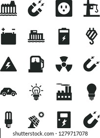 Solid Black Vector Icon Set - danger of electricity vector, hook, bulb, dangers, charging battery, big solar panel, gas station, accumulator, hydroelectric, hydroelectricity, socket, mercury light