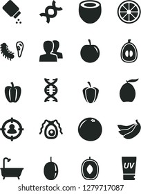 Solid Black Vector Icon Set - women vector, baby powder, bath, loquat, delicious plum, half, tasty, passion fruit, juicy lemon, bananas, of coconut, grapefruit, Bell pepper, ripe, man in sight, dna