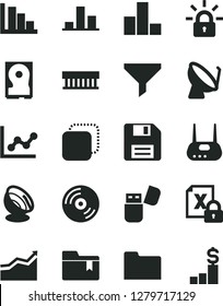 Solid Black Vector Icon Set - floppy disk vector, bar chart, graph, positive histogram, folder bookmark, CD, copy, satellite dish, filter, radiator fan, encrypting, hdd, router, usb flash, antenna