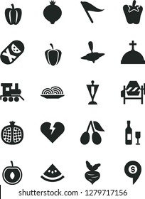 Solid Black Vector Icon Set - wind direction indicator vector, tumbler, baby toy train, small yule, concrete mixer, broken heart, onion, peper, half pomegranate, cornels, medlar, cherry, Bell pepper