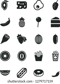 Solid Black Vector Icon Set - piece of cheese vector, Hot Dog, cake, with a hole, grill chicken leg, Chupa Chups, French fries, cup popcorn, fried egg, branch grape, tasty mulberry, melon, banana