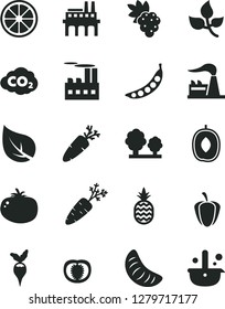 Solid Black Vector Icon Set - tomato vector, carrot, a pineapple, grape, delicious plum, slice of tangerine, juicy lemon, half, ripe pepper, peas, radish, leaves, leaf, factory, trees, enterprise