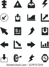 Solid Black Vector Icon Set - lightning vector, danger of electricity, right direction, left, growth chart, negative, upload archive data, download, bottom arrow, put in a box, move down, cursor, up