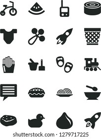 Solid Black Vector Icon Set - image of thought vector, wicker pot, Child T shirt, baby rattle, duckling, toy phone, sand set, deep plate with a spoon, train, bicycle, shoes for little children, fig