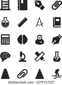 Solid Black Vector Icon Set - clip vector, yardstick, calculator, stacking rings, toy, abacus, writing accessories, notebook, round flask, scribed compasses, microscope, brain, book, scientist