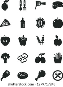 Solid Black Vector Icon Set - measuring bottle for feeding vector, iron fork spoons, cheese, fried vegetables on sticks, piece of pizza, noodles, chicken leg, thigh, meat, peper, French fries, apple