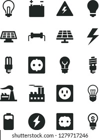 Solid Black Vector Icon Set - lightning vector, danger of electricity, matte light bulb, incandescent lamp, power socket type f, charge level, solar panel, factory, accumulator, industrial building