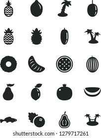 Solid Black Vector Icon Set - small fish vector, blueberries, a pineapple, pomegranate, melon, date fruit, slice of tangerine, passion, lime, half, sour, piece coconut, ripe, guava, part, palm tree