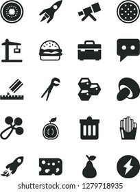 Solid Black Vector Icon Set - baby rattle vector, adjustable wrench, suitcase, drawing, dust bin, piece of cheese, burger, porcini, fried potato slices, pear, honeycombs, half kiwi, passion fruit