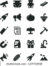 Solid Black Vector Icon Set - nappy vector, small teddy bear, washbasin, kitchen faucet, hammer with claw, package, megaphone, tomato, cucumber, scientific publication, gift, telescope, magnet