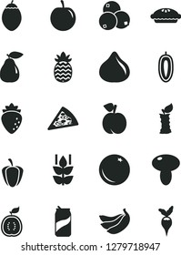 Solid Black Vector Icon Set - piece of pizza vector, mushroom, pie, soda can, orange, mint, peach, pear, raspberry, fig, blueberries, tasty plum, sweet date fruit, bananas, tamarillo, half guawa