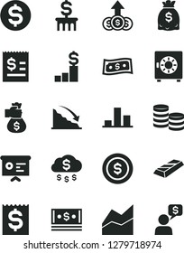 Solid Black Vector Icon Set - line chart vector, strongbox, coins, recession, dollar, article on the, financial item, dollars, cash, report, gold bar, money bag hand, rain, coin, pedestal, column