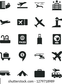 Solid Black Vector Icon Set - passport vector, coastal lighthouse, helicopter, dollar pin, plane, bus, suitcase, rolling, ticket, departure, hotel, tent, beach, pool, baggage, transfer