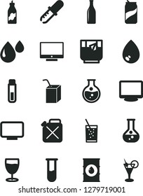Solid Black Vector Icon Set - packing of juice with a straw vector, drop, screen, glass soda, tea, can, liquor, round flask, oil, canister, bottle, monitor, test tube, pipette, cocktail