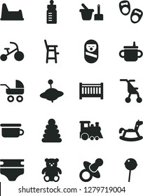 Solid Black Vector Icon Set - baby cot vector, dummy, mug for feeding, bottle, diaper, carriage, sitting stroller, stacking rings, roly poly doll, toy sand set, children's potty, chair, a child