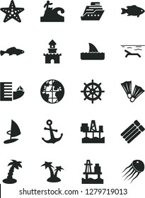 Solid Black Vector Icon Set - anchor vector, small fish, sea port, commercial seaport, planet, sand castle, hotel, beach, palm tree, starfish, flippers, surfing, handwheel, cruiser, shark fin