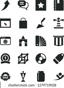 Solid Black Vector Icon Set - paper bag vector, box of bricks, building trowel, color samples, notebook, label, jar, lighthouse, ring diagram, sale, browser, 3d cube, pennant, medal ribbon, star