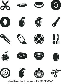 Solid Black Vector Icon Set - scissors vector, iron fork spoons, arm saw, knife, stationery, pizza, slices of onion, piece meat, half pomegranate, plum, mango, peach, passion fruit, lemon, juicy