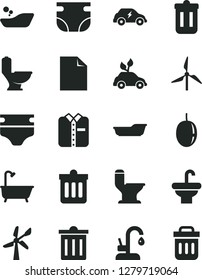 Solid Black Vector Icon Set - bin vector, clean sheet of paper, diaper, nappy, children's bathroom, bath, washbasin, toilet, comfortable, kitchen faucet, dust, folded shirt, passion fruit, windmill