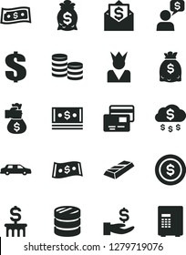 Solid Black Vector Icon Set - dollar vector, cards, coins, column of, get a wage, dollars, cash, gold bar, money bag hand, rain, coin, king, limousine, mail, dialog, safe