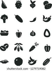 Solid Black Vector Icon Set - stick of sausage vector, slices onion, lettuce in a plate, cabbage, cucumber, chili, garlic, coffee beans, blackberry, goji berry, Bell pepper, ripe, red, hot, potato
