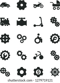 Solid Black Vector Icon Set - Truck Lorry Vector, Baby Carriage, Children's Train, Tricycle, Child Kick Scooter, Gears, Cogwheel, Gear, Star, Valve, Retro Car, Three, Dollar, Motorcycle, Disabled