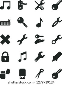 Solid Black Vector Icon Set - repair key vector, cross, small tools, adjustable wrench, door knob, lock, music, steel, text highlighter, keyboard, usb flash, note, arm with
