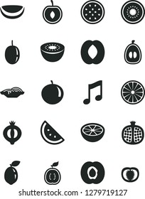 Solid Black Vector Icon Set - music vector, slices of onion, orange slice, half apricot, pomegranate, medlar, peach, tangerine, loquat, cherry, passion fruit, kiwi, sour lime, guawa, piece coconut