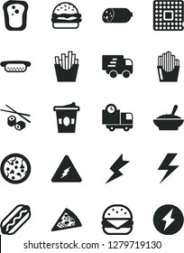 Solid Black Vector Icon Set - lightning vector, delivery, sausage, pizza, piece of, Hot Dog, mini, big burger, a bowl buckwheat porridge, French fries, fried potato slices, Chinese chopsticks