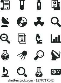 Solid Black Vector Icon Set - magnifier vector, zoom out, negative histogram, artificial satellite, round flask, radiation, dish, antenna, ring diagram, statistical research, article, test tube