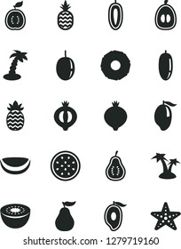 Solid Black Vector Icon Set - a pineapple vector, medlar, half of, mango, date fruit, loquat, passion, sweet, kiwi, guawa, piece coconut, slice, ripe guava, part, palm tree, starfish