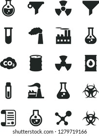 Solid Black Vector Icon Set - round flask vector, manufacture, factory, oil, barrel, industrial building, radiation, carbon dyoxide, filter, water, research article, test tube, molecule, nuclear