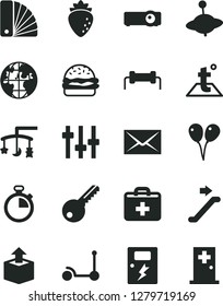 Solid Black Vector Icon Set - envelope vector, stopwatch, first aid kit, toys over the cradle, yule, colored air balloons, Kick scooter, color samples, key, dangers, temperature, unpacking, burger