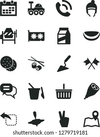 Solid Black Vector Icon Set - calendar vector, grocery basket, children's sand set, small yule, winter hat, building trowel, concrete mixer, phone call, package, move left, grill chicken leg, dialog